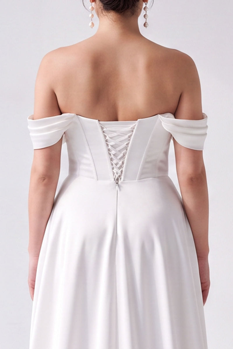 Load image into Gallery viewer, Simple Corset A-Line White Off the Shoulder High-Low Wedding Dress