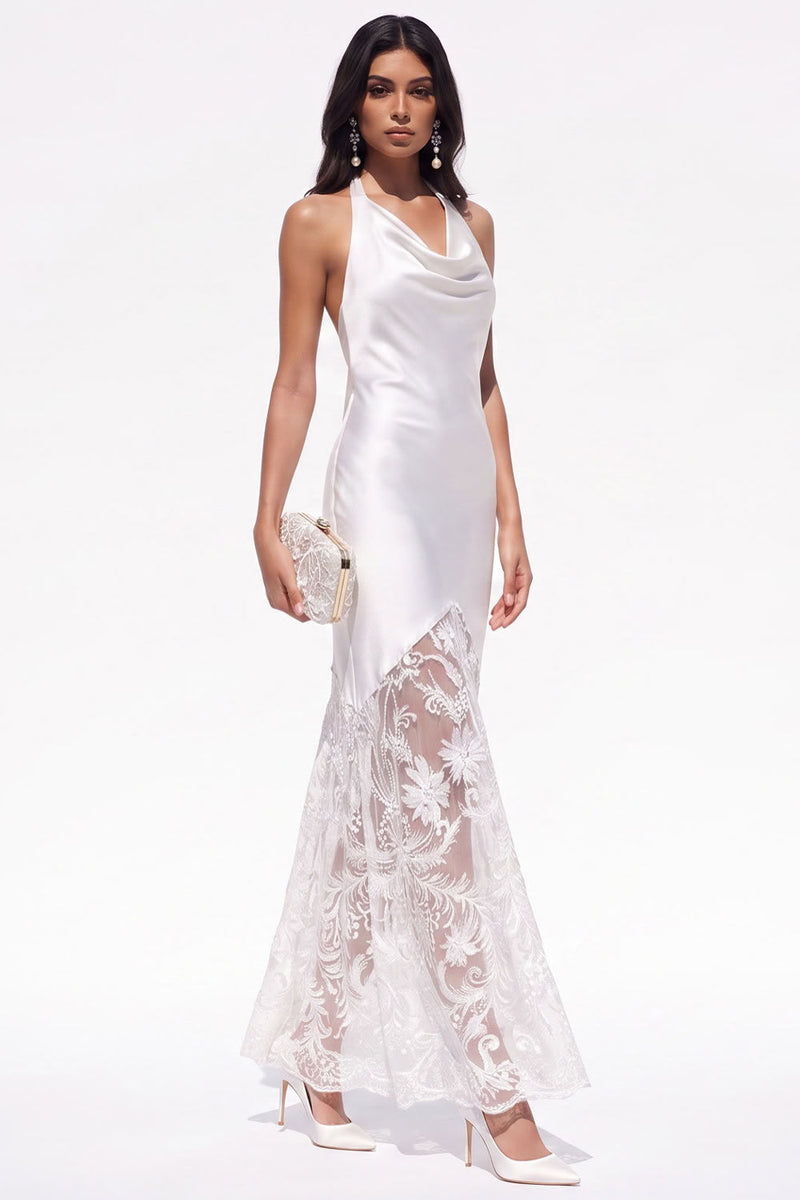 Load image into Gallery viewer, White Halter Satin Sheath Floral Long Boho Wedding Dress with Lace