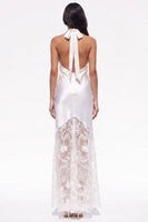 Load image into Gallery viewer, White Halter Satin Sheath Floral Long Boho Wedding Dress with Lace