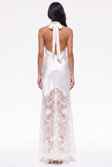White Halter Satin Sheath Floral Long Boho Wedding Dress with Lace