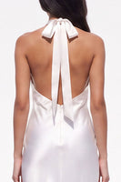 Load image into Gallery viewer, White Halter Satin Sheath Floral Long Boho Wedding Dress with Lace
