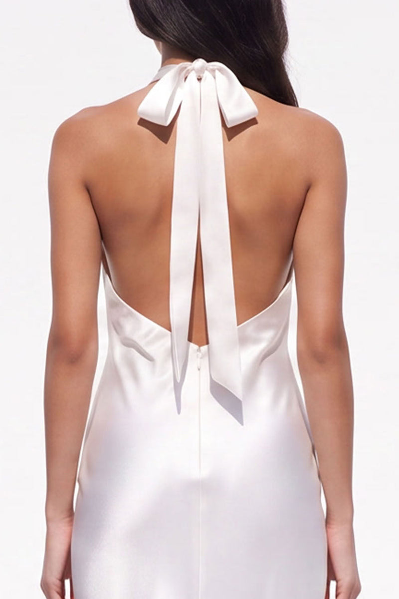 Load image into Gallery viewer, White Halter Satin Sheath Floral Long Boho Wedding Dress with Lace
