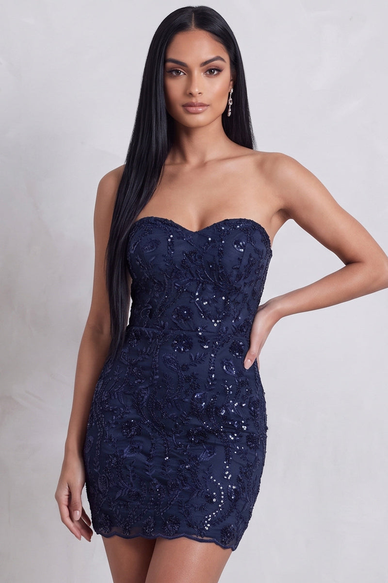 Load image into Gallery viewer, Navy Floral Sparkly Sweetheart Sequins Bodycon Mini Birthday Dress