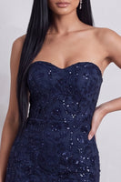 Load image into Gallery viewer, Navy Floral Sparkly Sweetheart Sequins Bodycon Mini Birthday Dress