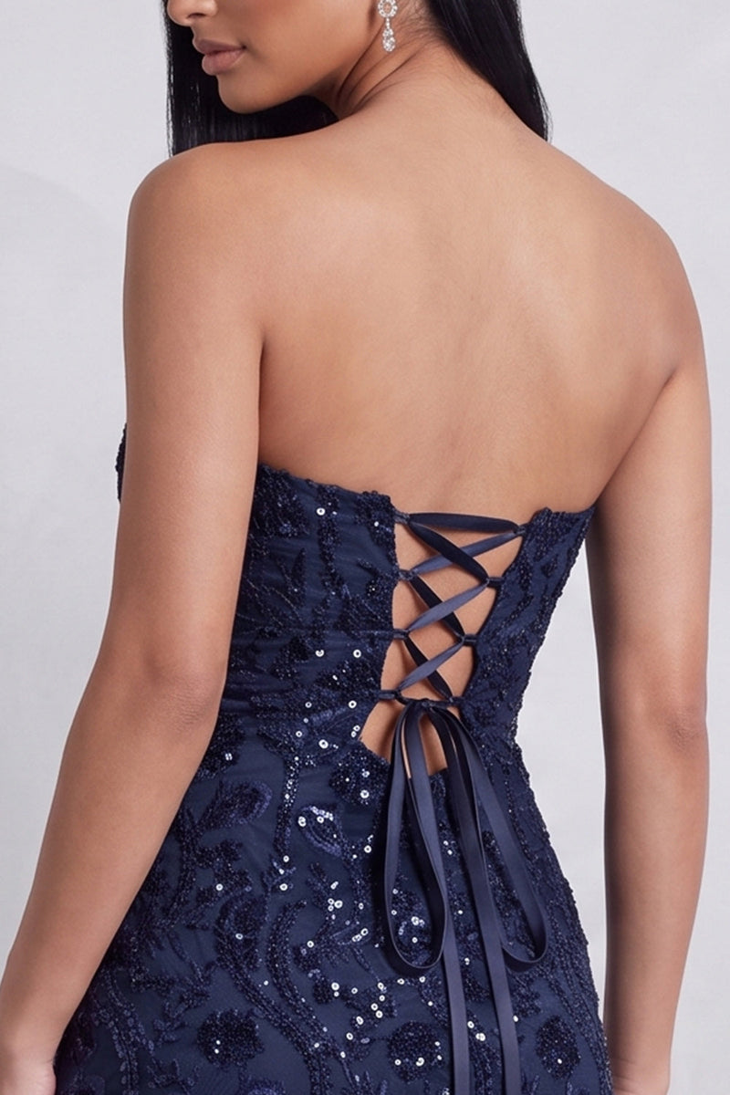 Load image into Gallery viewer, Navy Floral Sparkly Sweetheart Sequins Bodycon Mini Birthday Dress