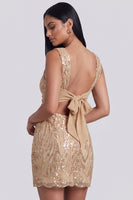 Load image into Gallery viewer, Sparkly Floral Golden Bodycon Short Birthday Dress with Bow