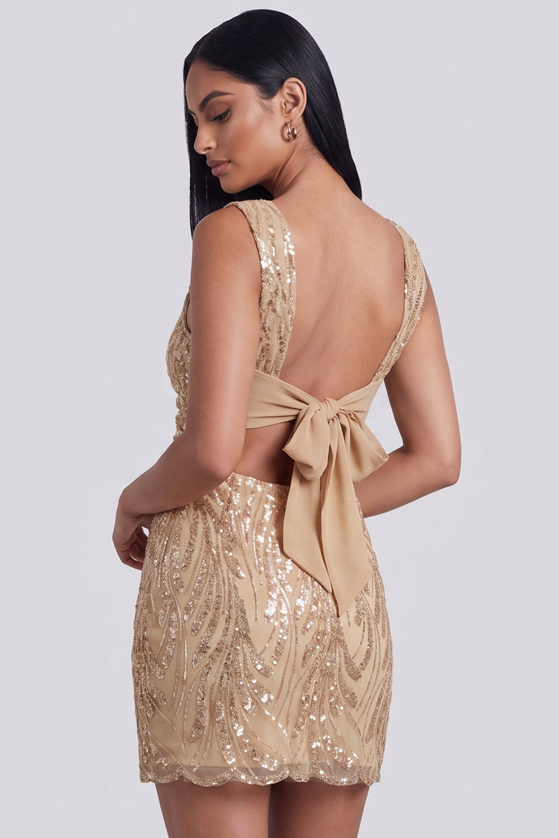 Load image into Gallery viewer, Sparkly Floral Golden Bodycon Short Birthday Dress with Bow