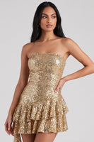 Load image into Gallery viewer, Sparkly Golden Ruffled Sequins Strapless Short Birthday Dress with Sash