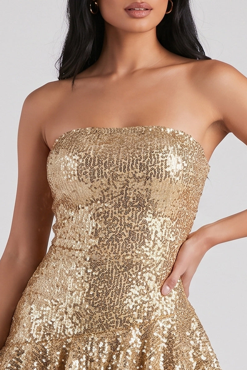 Load image into Gallery viewer, Sparkly Golden Ruffled Sequins Strapless Short Birthday Dress with Sash