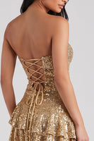 Load image into Gallery viewer, Sparkly Golden Ruffled Sequins Strapless Short Birthday Dress with Sash