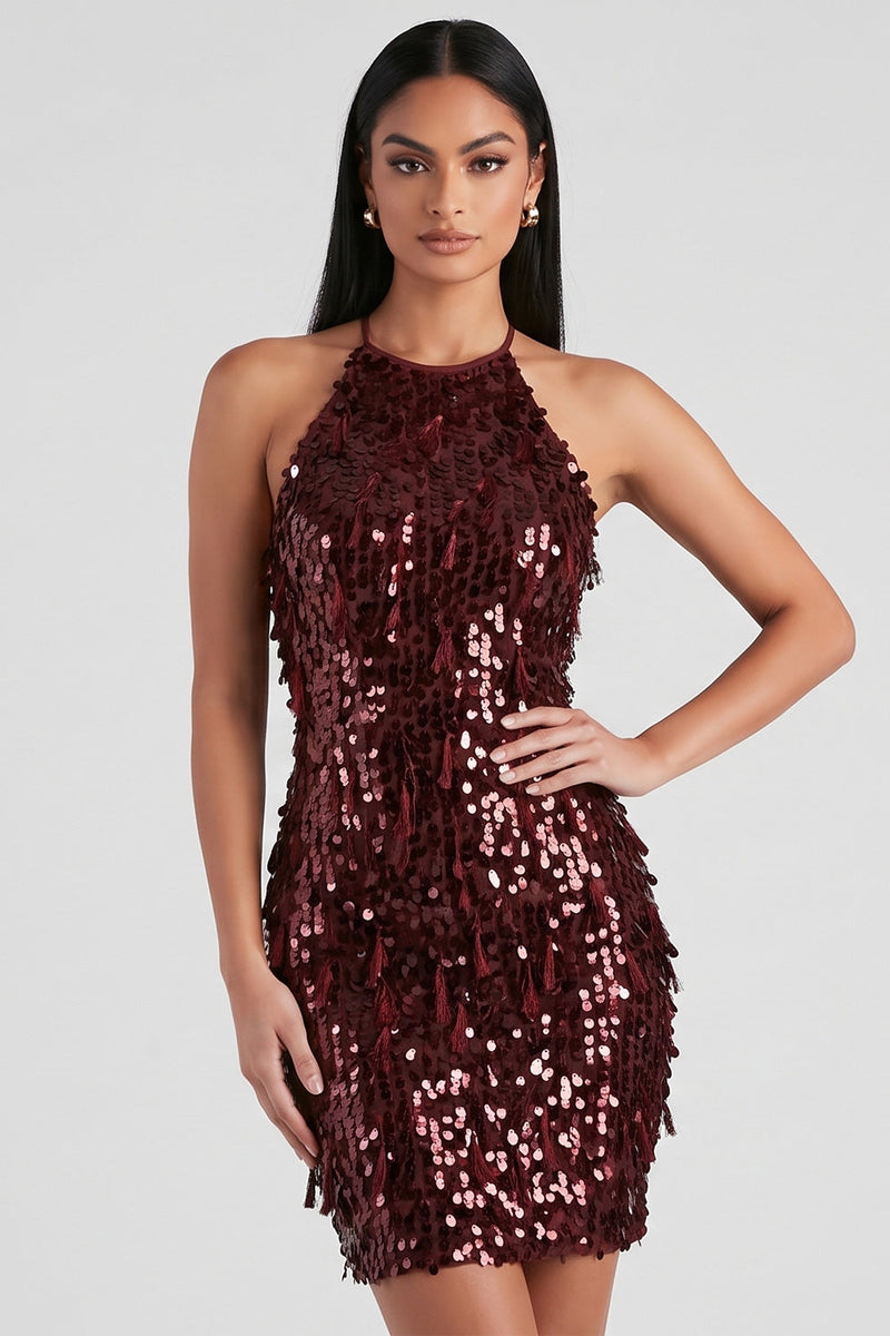 Load image into Gallery viewer, Sparkly Burgundy Halter Keyhole Sequin Tight Mini Birthday Dress