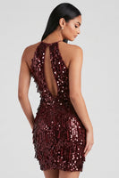 Load image into Gallery viewer, Sparkly Burgundy Halter Keyhole Sequin Tight Mini Birthday Dress