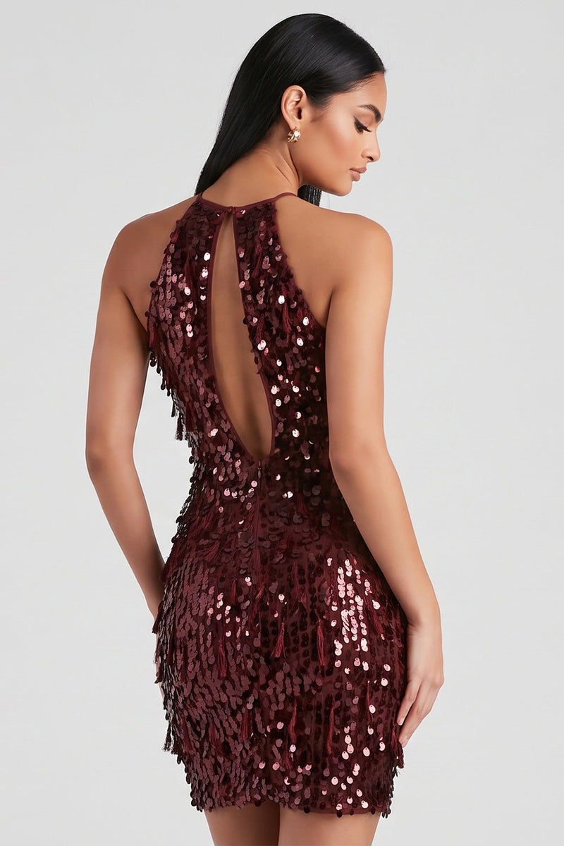 Load image into Gallery viewer, Sparkly Burgundy Halter Keyhole Sequin Tight Mini Birthday Dress