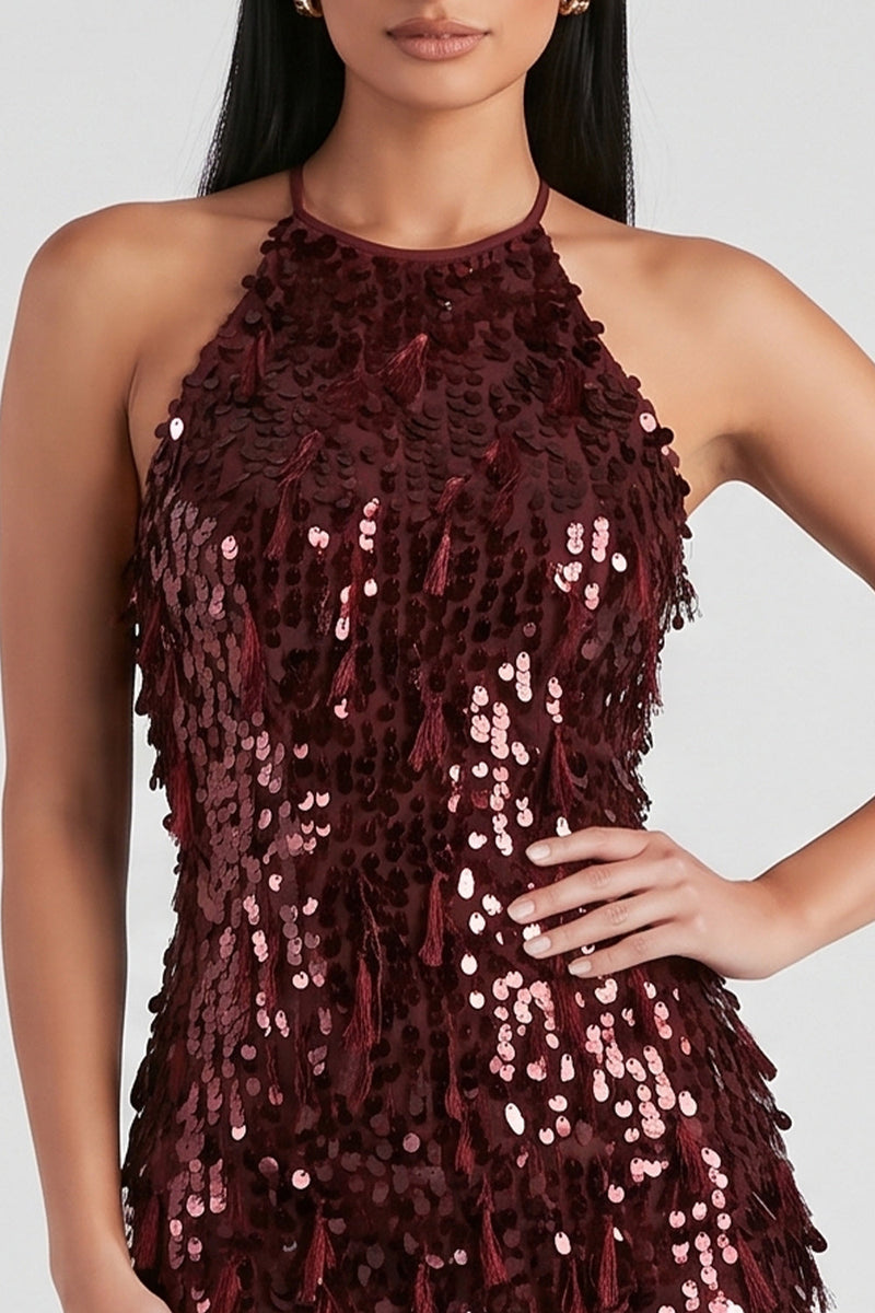 Load image into Gallery viewer, Sparkly Burgundy Halter Keyhole Sequin Tight Mini Birthday Dress