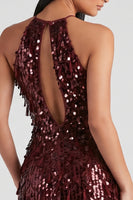 Load image into Gallery viewer, Sparkly Burgundy Halter Keyhole Sequin Tight Mini Birthday Dress