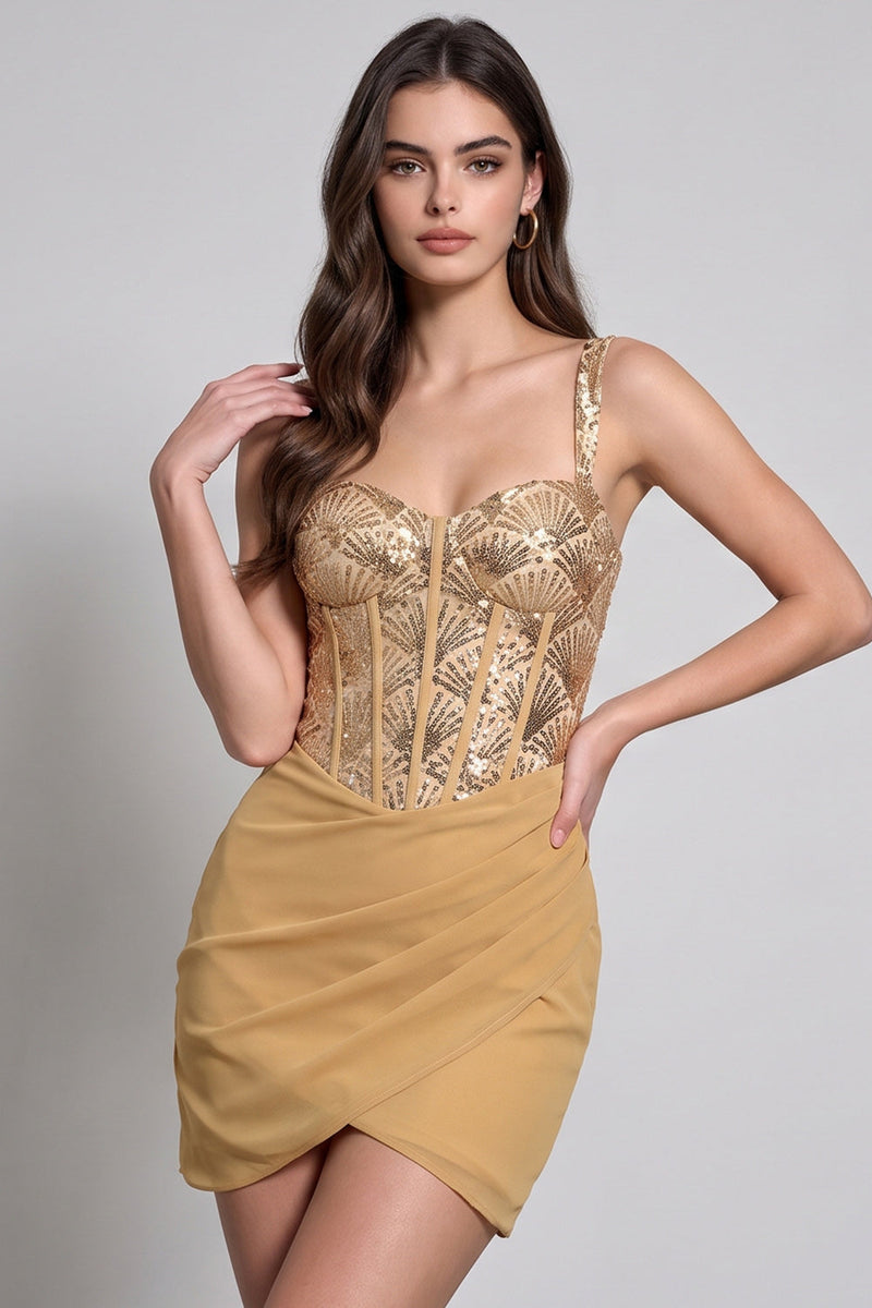 Load image into Gallery viewer, Golden Corset Sparkly Sequin Bodycon Ruched Short Birthday Dress