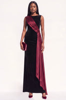 Load image into Gallery viewer, Burgundy Velvet Ruched Sheath Boat Neck Long Evening Dress with Side Cape