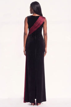 Burgundy Velvet Ruched Sheath Boat Neck Long Evening Dress with Side Cape