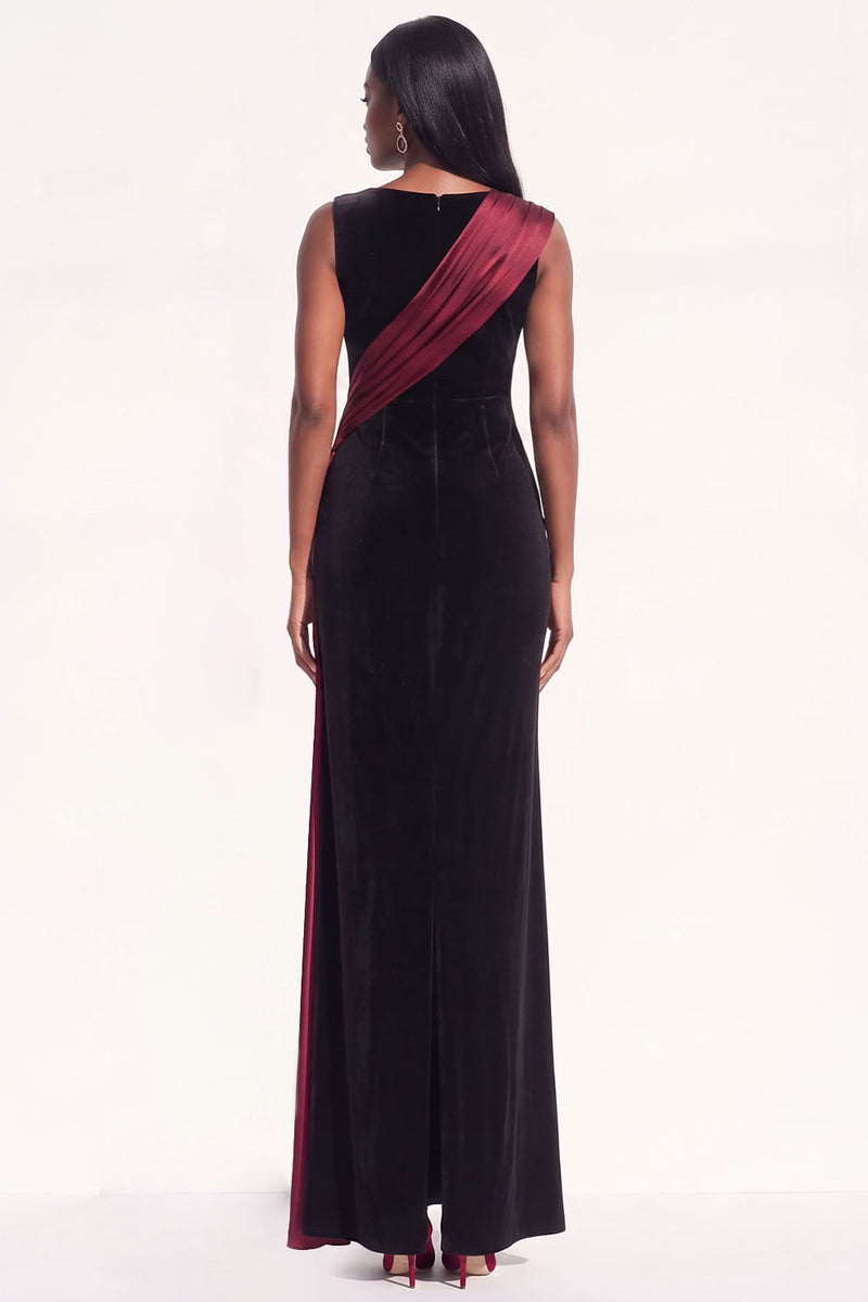 Load image into Gallery viewer, Burgundy Velvet Ruched Sheath Boat Neck Long Evening Dress with Side Cape
