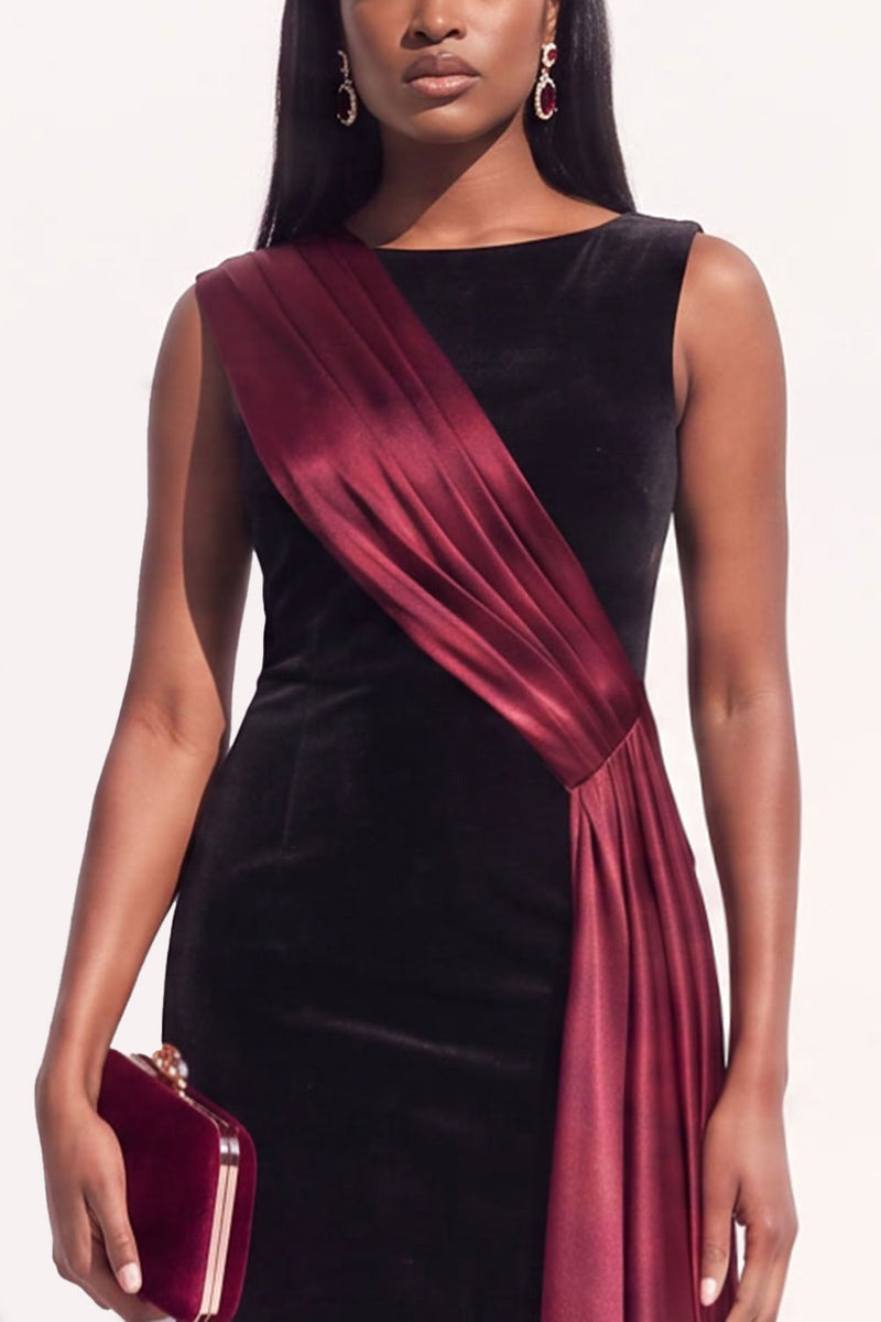 Load image into Gallery viewer, Burgundy Velvet Ruched Sheath Boat Neck Long Evening Dress with Side Cape