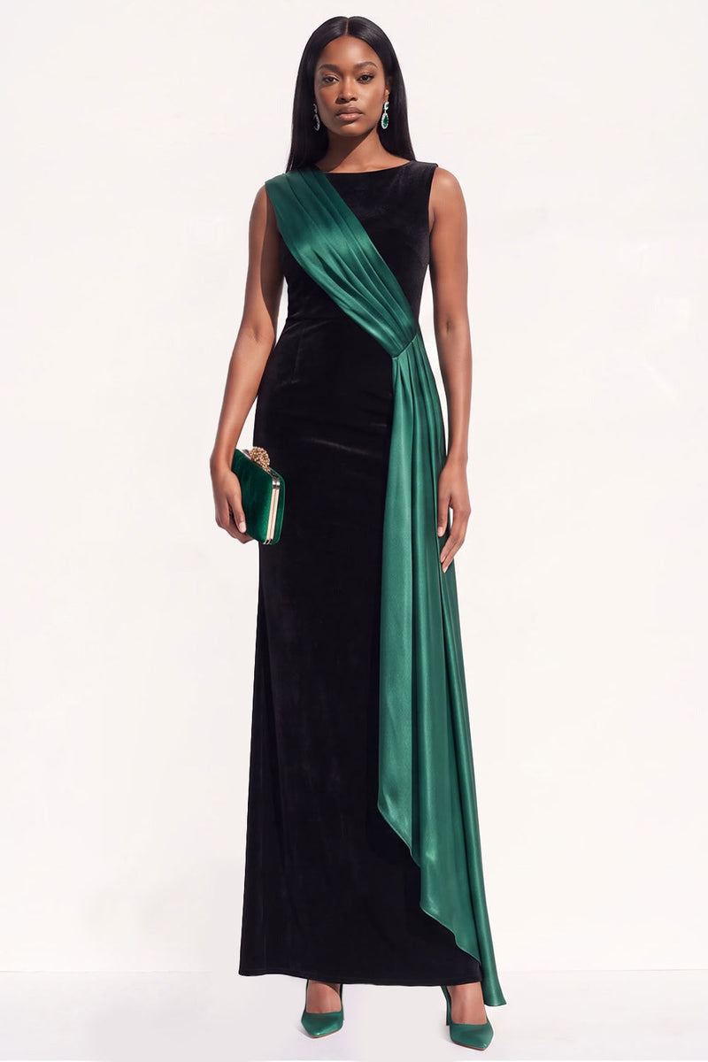 Load image into Gallery viewer, Burgundy Velvet Ruched Sheath Boat Neck Long Evening Dress with Side Cape