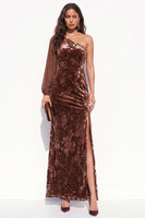 Load image into Gallery viewer, Brown Velvet One Shoulder Floral Mermaid Long Sleeve Evening Dress with Slit
