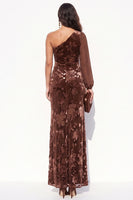 Load image into Gallery viewer, Brown Velvet One Shoulder Floral Mermaid Long Sleeve Evening Dress with Slit