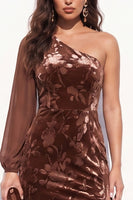 Load image into Gallery viewer, Brown Velvet One Shoulder Floral Mermaid Long Sleeve Evening Dress with Slit