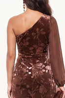 Load image into Gallery viewer, Brown Velvet One Shoulder Floral Mermaid Long Sleeve Evening Dress with Slit