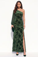 Load image into Gallery viewer, Brown Velvet One Shoulder Floral Mermaid Long Sleeve Evening Dress with Slit