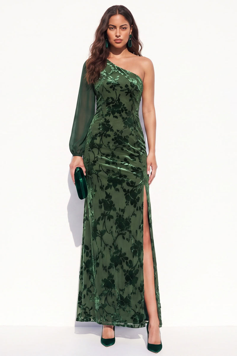 Load image into Gallery viewer, Brown Velvet One Shoulder Floral Mermaid Long Sleeve Evening Dress with Slit