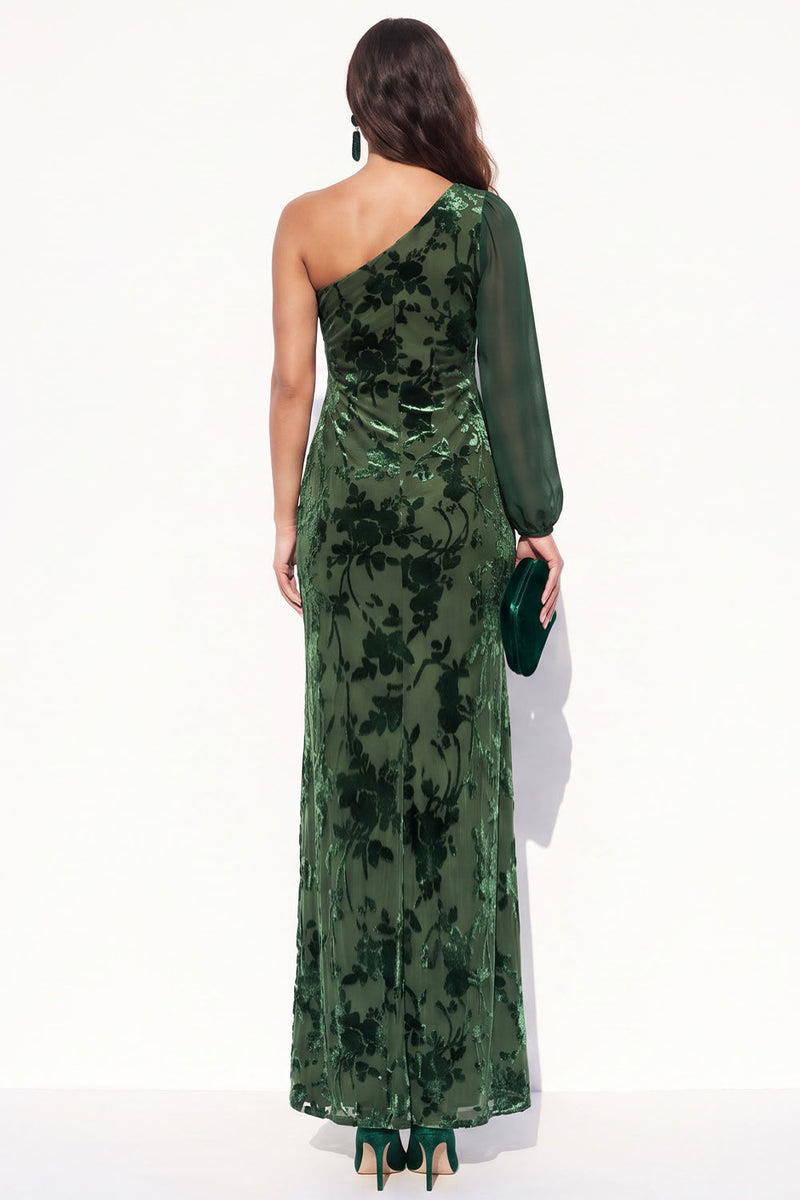 Load image into Gallery viewer, Brown Velvet One Shoulder Floral Mermaid Long Sleeve Evening Dress with Slit