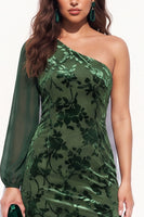Load image into Gallery viewer, Brown Velvet One Shoulder Floral Mermaid Long Sleeve Evening Dress with Slit
