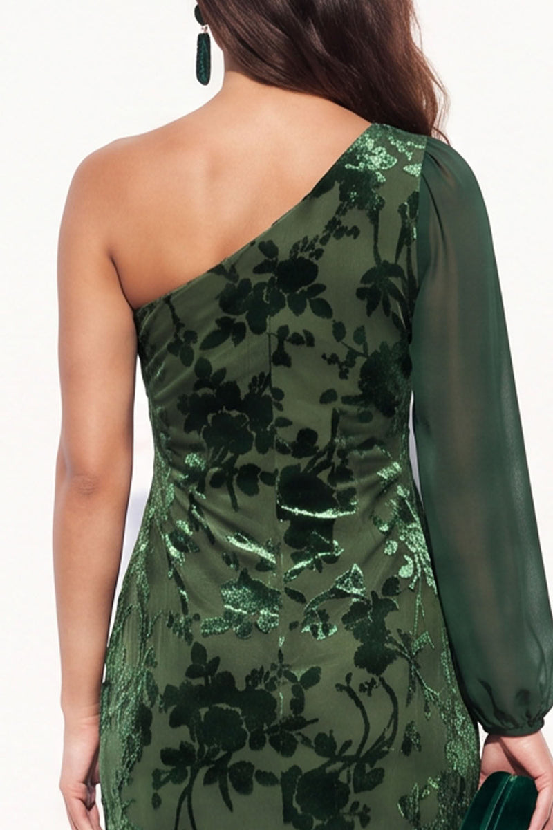Load image into Gallery viewer, Brown Velvet One Shoulder Floral Mermaid Long Sleeve Evening Dress with Slit