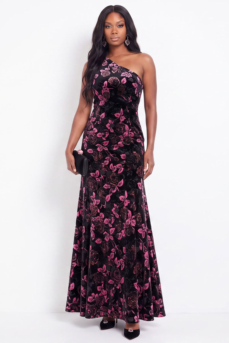 Load image into Gallery viewer, Black Pink Floral One Shoulder Velvet Sheath Long Evening Dress