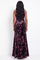 Load image into Gallery viewer, Black Pink Floral One Shoulder Velvet Sheath Long Evening Dress