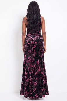 Black Pink Floral One Shoulder Velvet Sheath Long Evening Dress