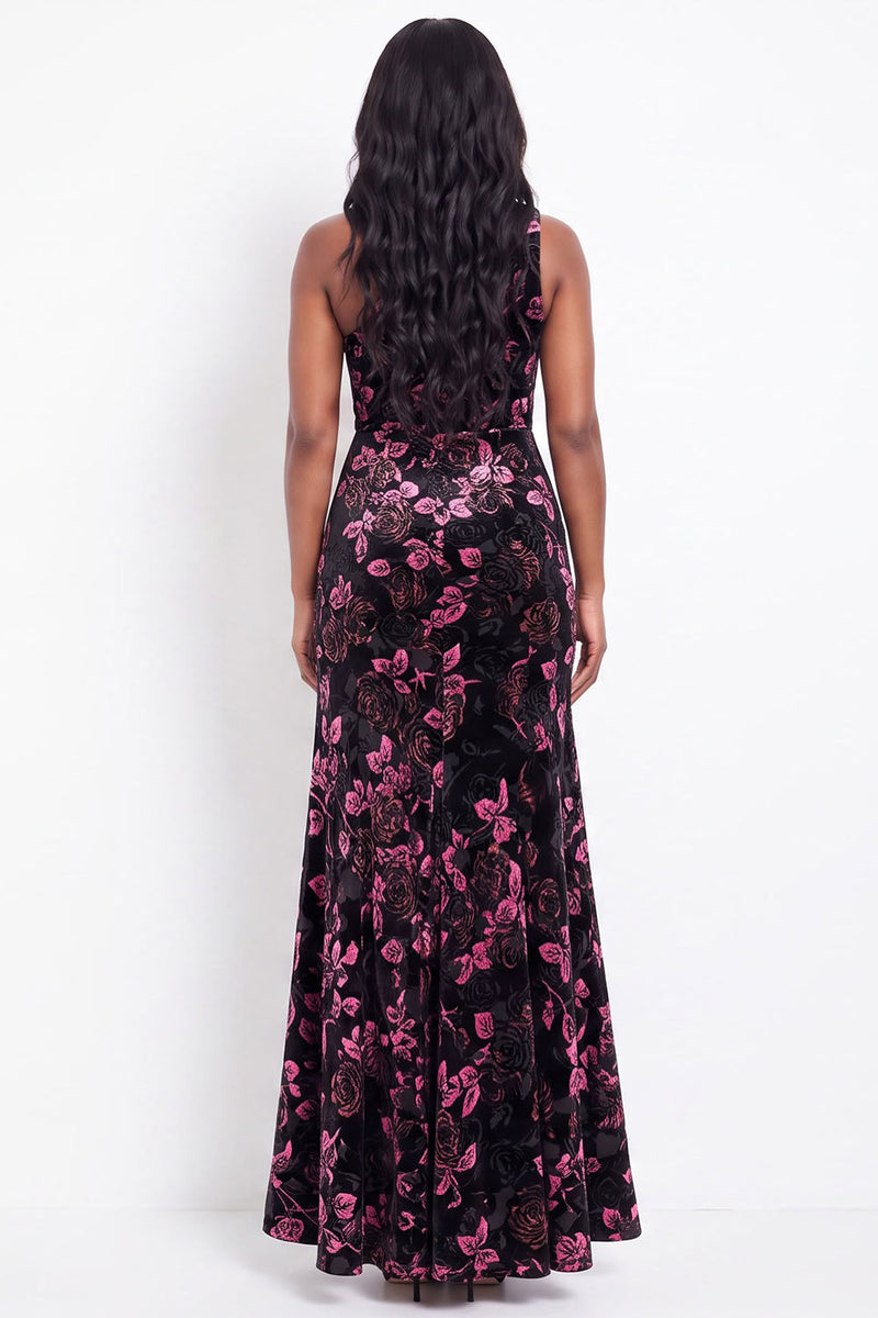 Load image into Gallery viewer, Black Pink Floral One Shoulder Velvet Sheath Long Evening Dress
