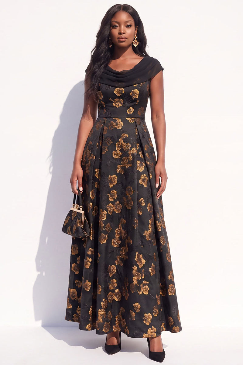 Load image into Gallery viewer, Floral Black Yellow A-Line Cowl Neck Ruched Long Evening Dress