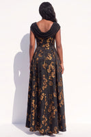 Load image into Gallery viewer, Floral Black Yellow A-Line Cowl Neck Ruched Long Evening Dress