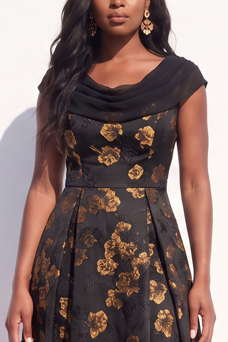 Load image into Gallery viewer, Floral Black Yellow A-Line Cowl Neck Ruched Long Evening Dress
