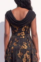 Load image into Gallery viewer, Floral Black Yellow A-Line Cowl Neck Ruched Long Evening Dress