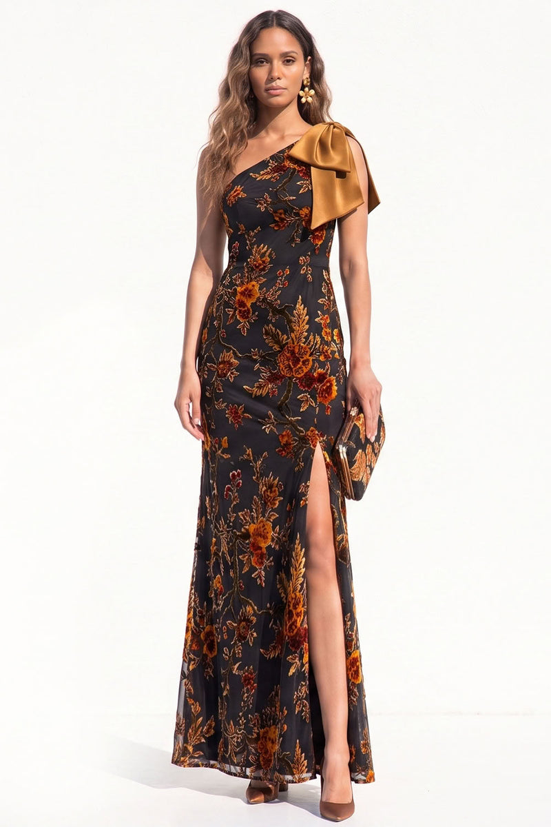 Load image into Gallery viewer, Floral Caramel One Shoulder Mermaid Long Evening Dress with Bow