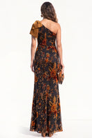 Load image into Gallery viewer, Floral Caramel One Shoulder Mermaid Long Evening Dress with Bow