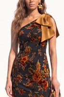 Load image into Gallery viewer, Floral Caramel One Shoulder Mermaid Long Evening Dress with Bow