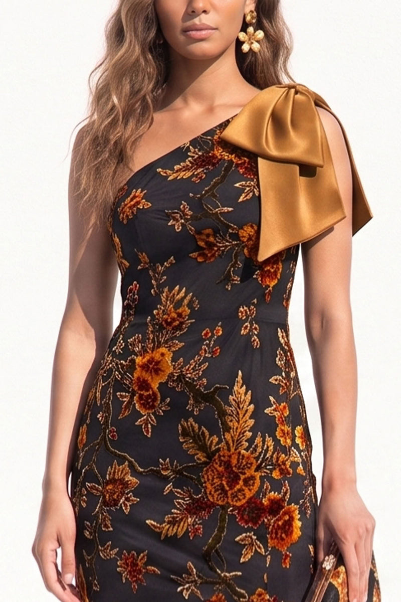 Load image into Gallery viewer, Floral Caramel One Shoulder Mermaid Long Evening Dress with Bow