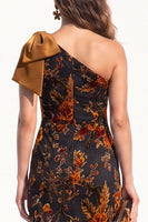 Load image into Gallery viewer, Floral Caramel One Shoulder Mermaid Long Evening Dress with Bow