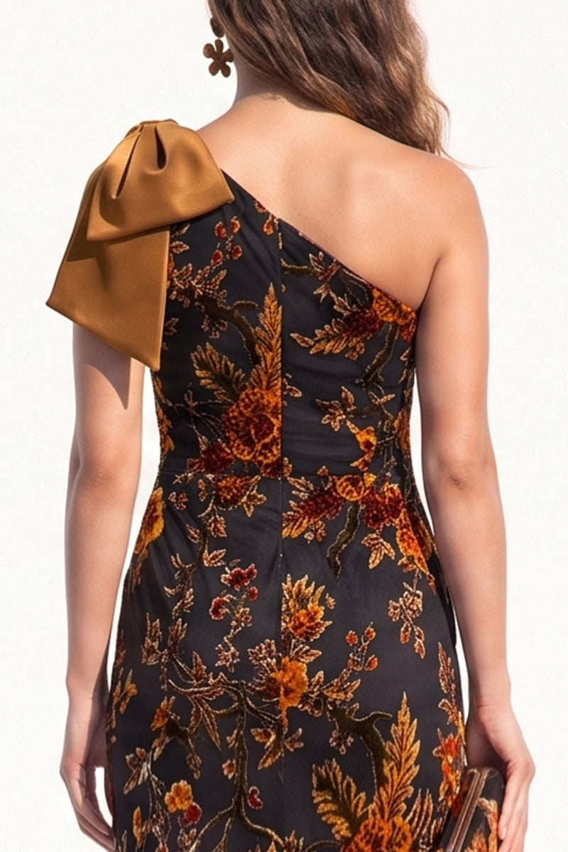 Load image into Gallery viewer, Floral Caramel One Shoulder Mermaid Long Evening Dress with Bow