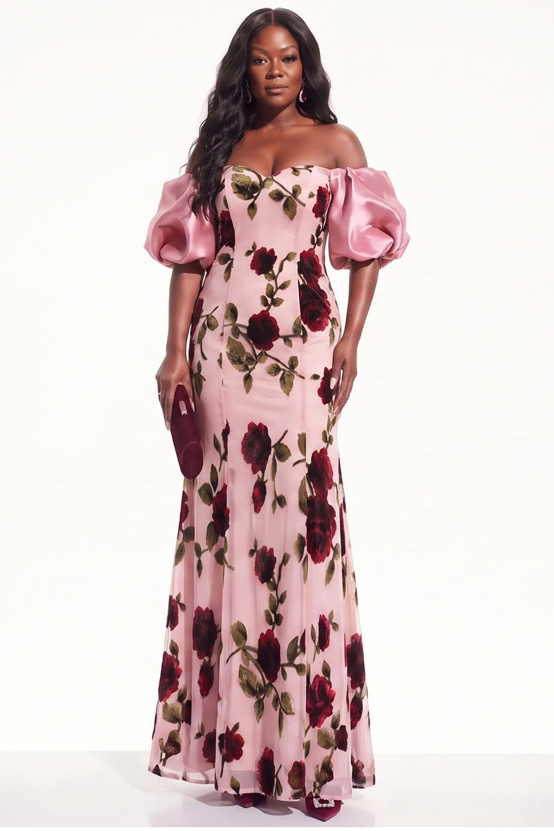 Load image into Gallery viewer, Peach Floral Off the Shoulder Mermaid Puff Sleeves Long Evening Dress