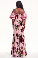 Load image into Gallery viewer, Peach Floral Off the Shoulder Mermaid Puff Sleeves Long Evening Dress
